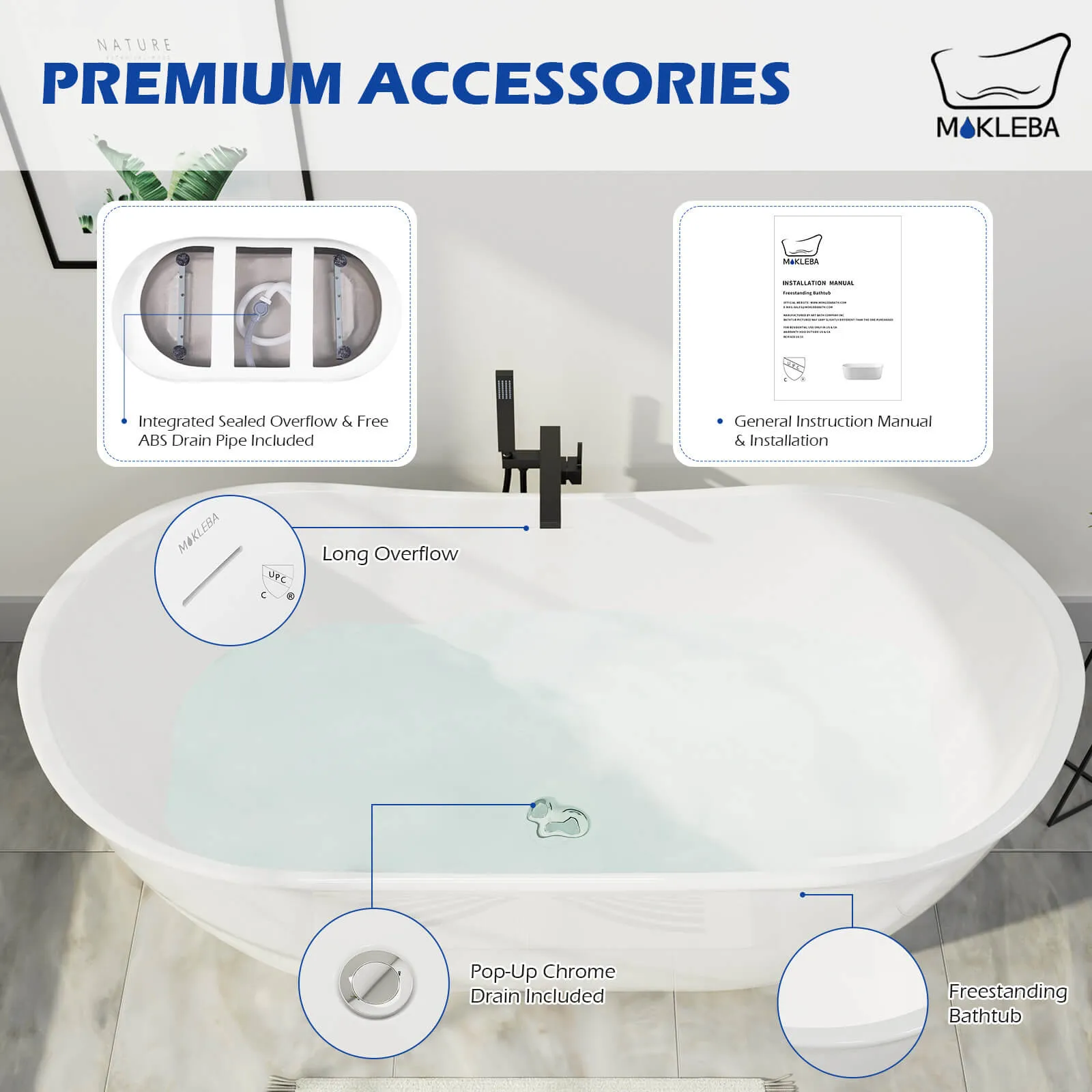 Mokleba 59'' Acrylic Double Slipper Freestanding Bathtub Deep Soaking Tub