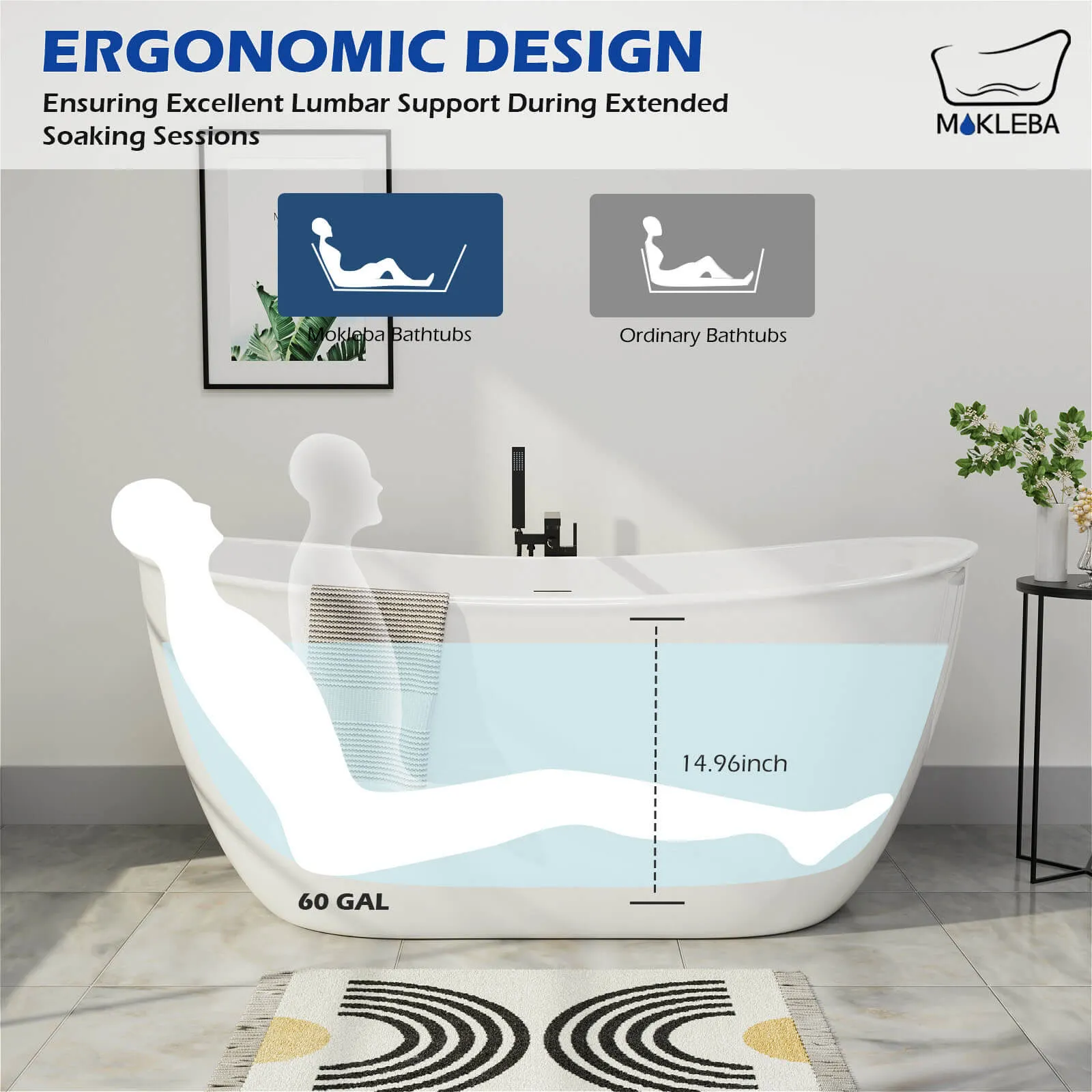 Mokleba 59'' Acrylic Double Slipper Freestanding Bathtub Deep Soaking Tub