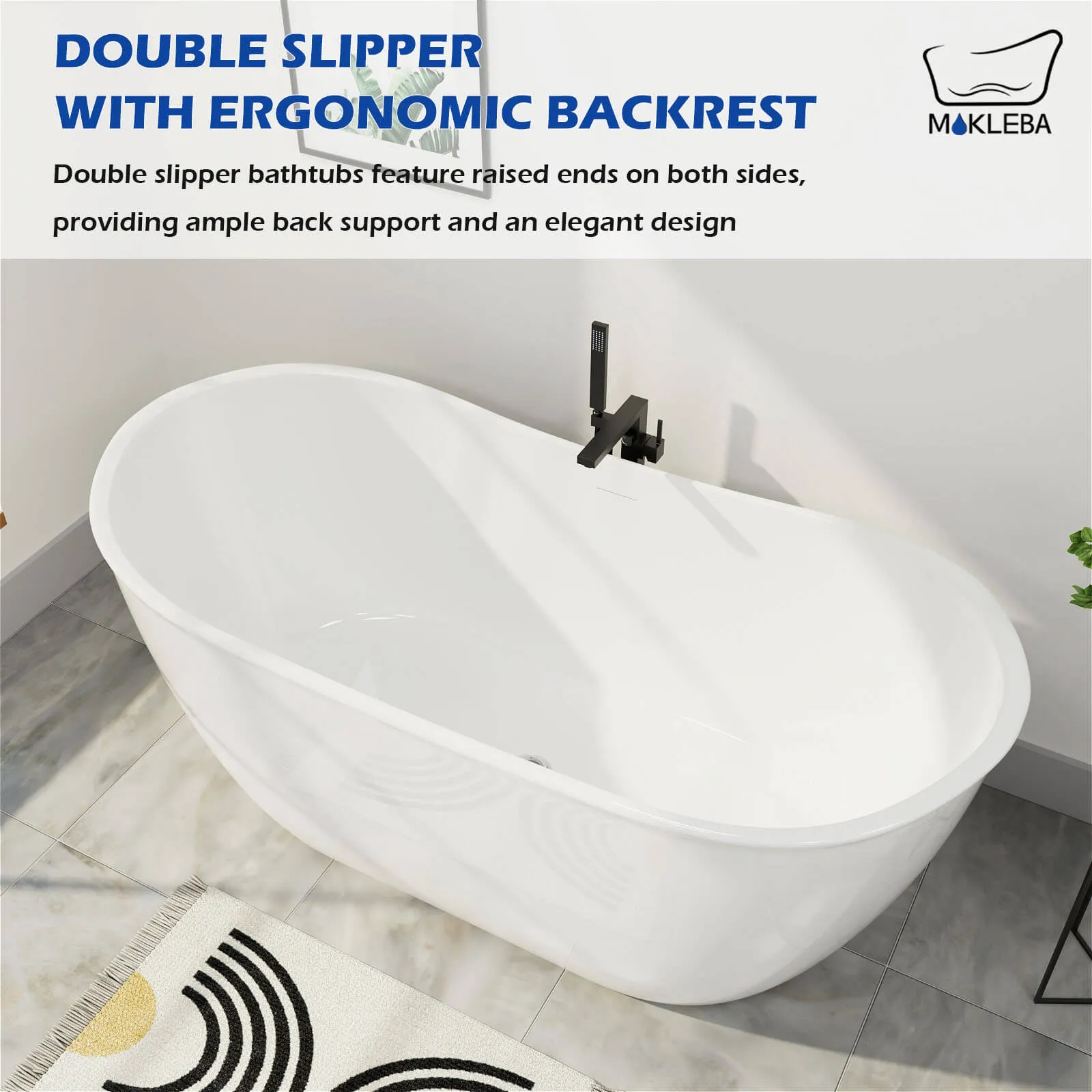 Mokleba 59'' Acrylic Double Slipper Freestanding Bathtub Deep Soaking Tub