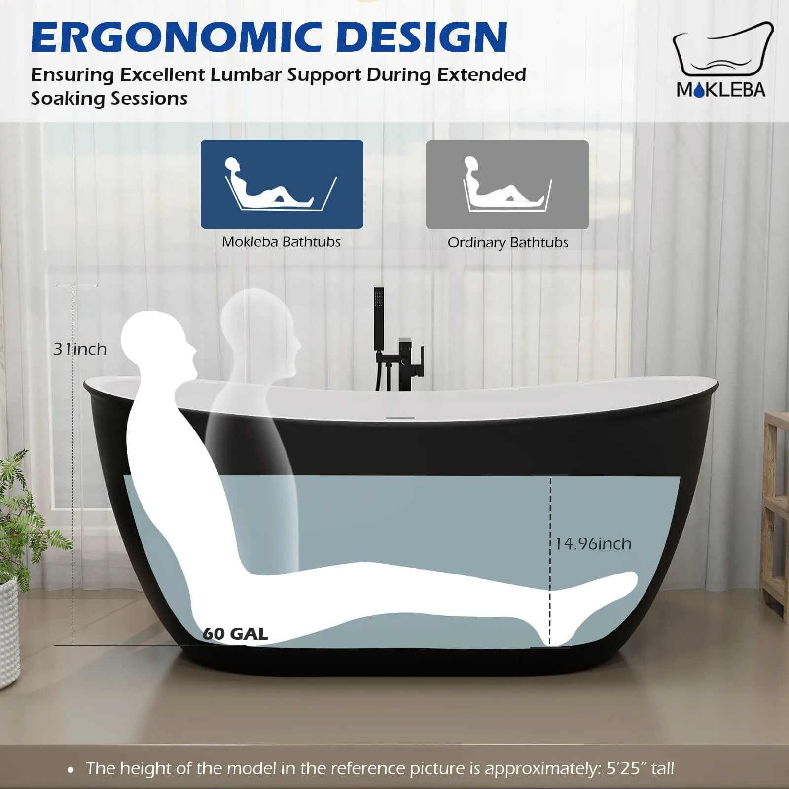 Mokleba 59'' Acrylic Double Slipper Freestanding Bathtub Deep Soaking Tub