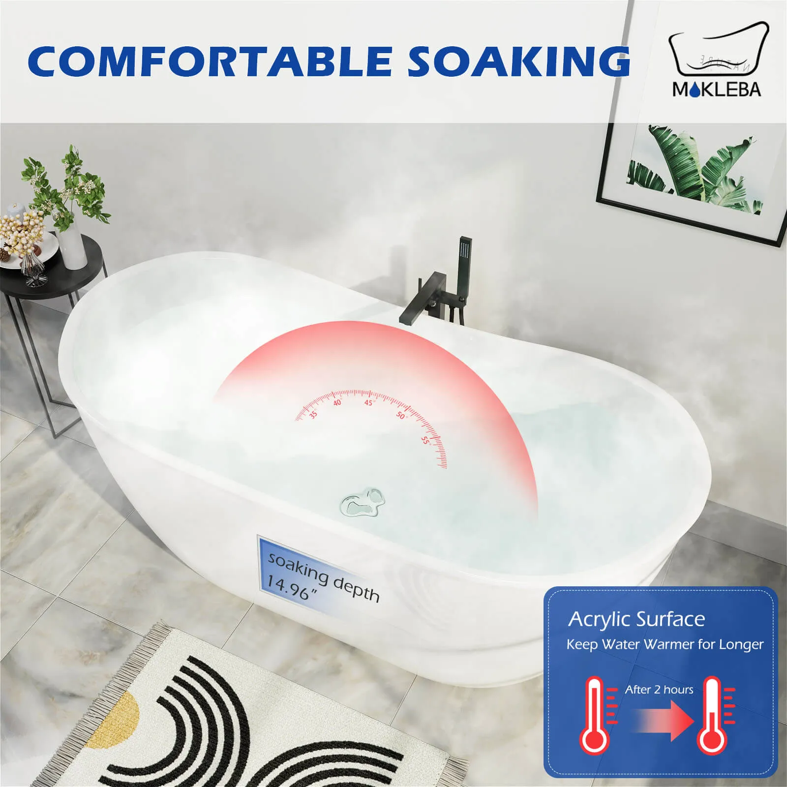 Mokleba 59'' Acrylic Double Slipper Freestanding Bathtub Deep Soaking Tub