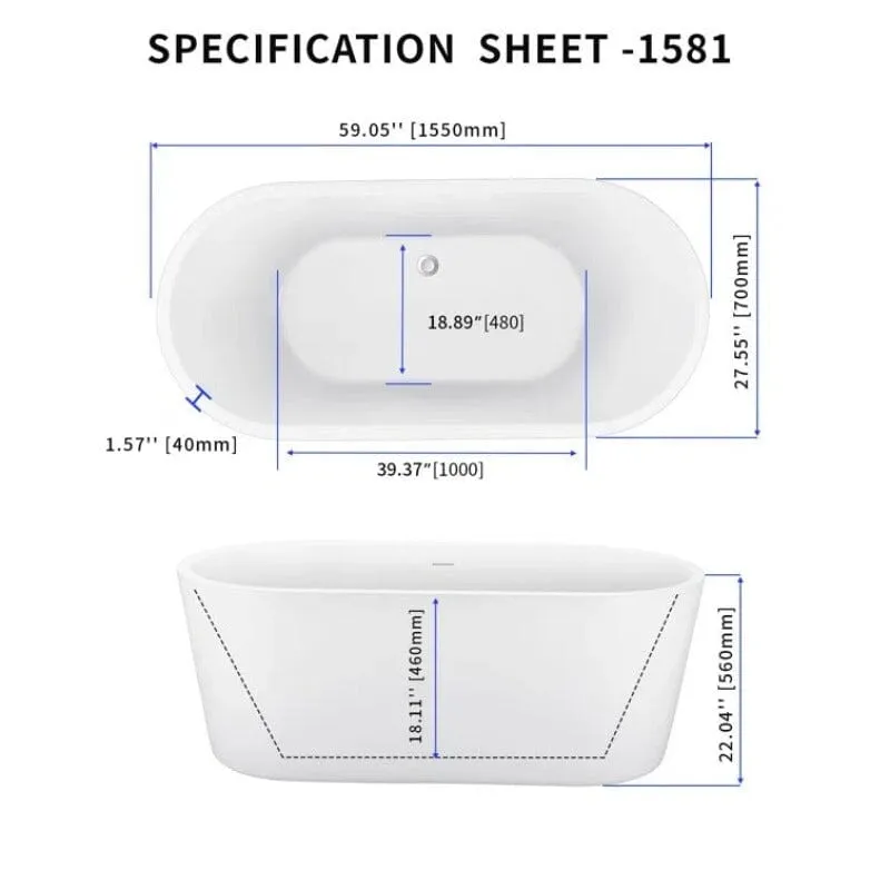 Mokleba 59 in. Acrylic Flatbottom Bathtub with Freestanding Drain Glossy White