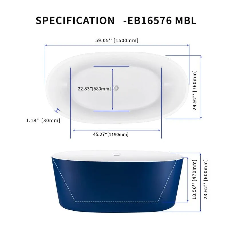 Mokleba 59" Acrylic Modern Bathtub Oval Shape Freestanding Soaking Tub