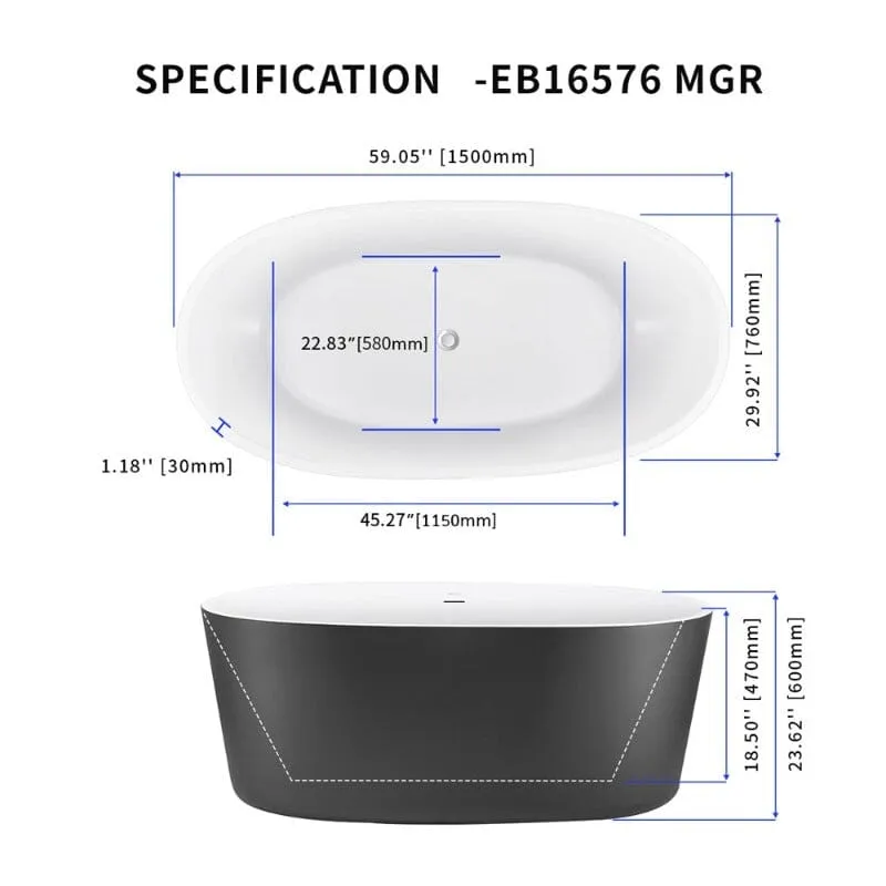 Mokleba 59" Acrylic Modern Bathtub Oval Shape Freestanding Soaking Tub