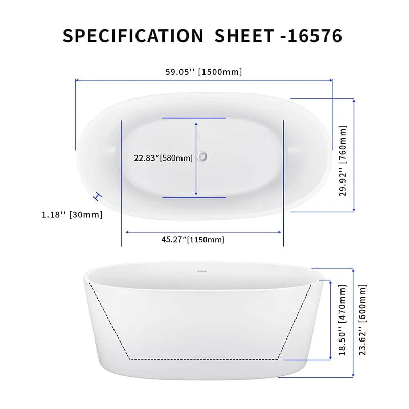 Mokleba 59" Acrylic Modern Bathtub Oval Shape Freestanding Soaking Tub