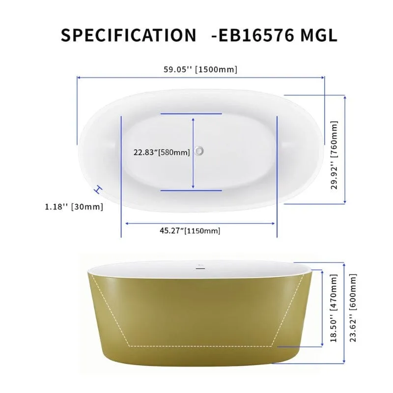 Mokleba 59" Acrylic Modern Bathtub Oval Shape Freestanding Soaking Tub