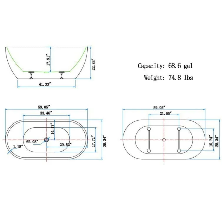 Mokleba 59" Center Drain Freestanding Soaking Bathtub