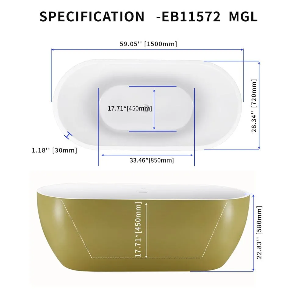 Mokleba 59" Center Drain Freestanding Soaking Bathtub