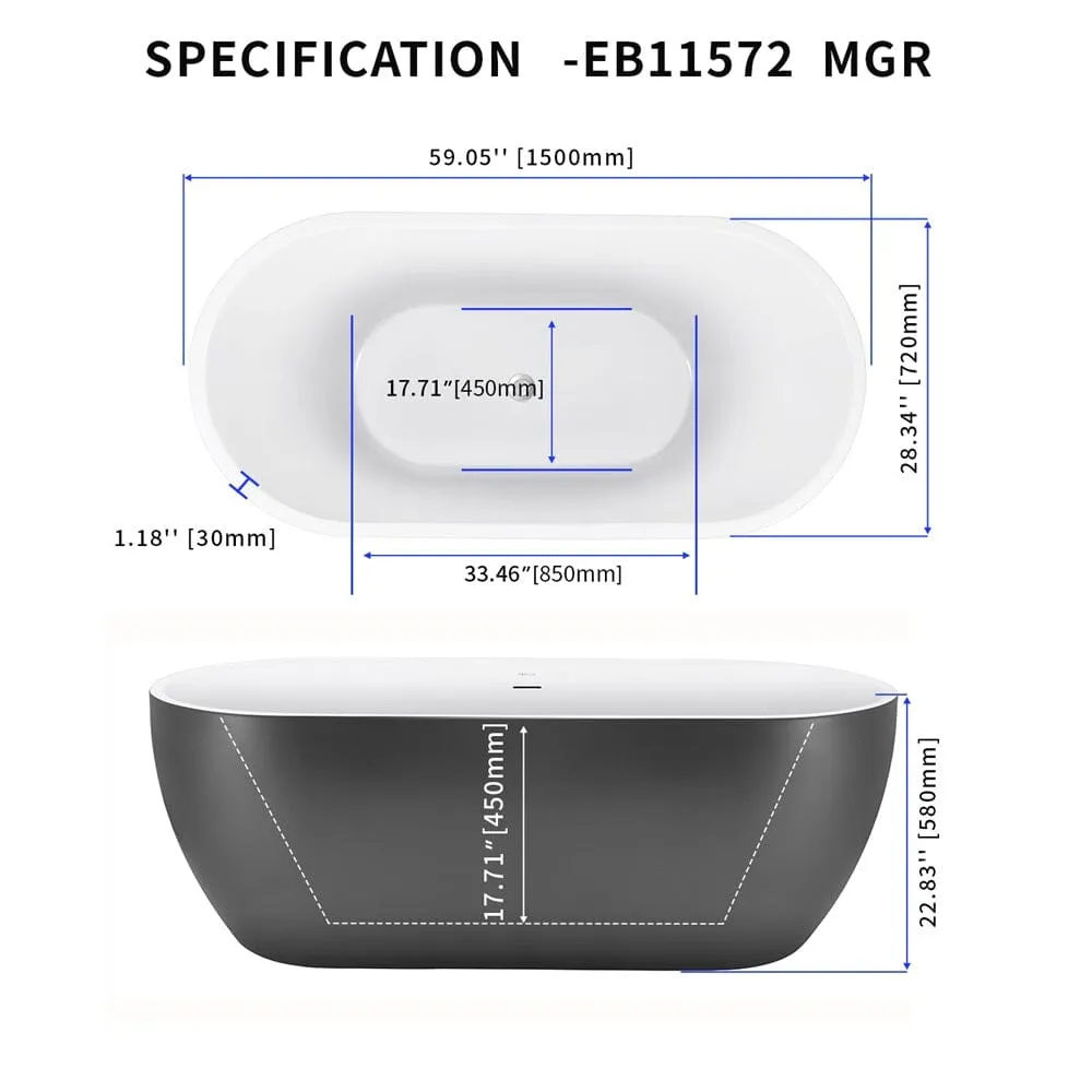 Mokleba 59" Center Drain Freestanding Soaking Bathtub