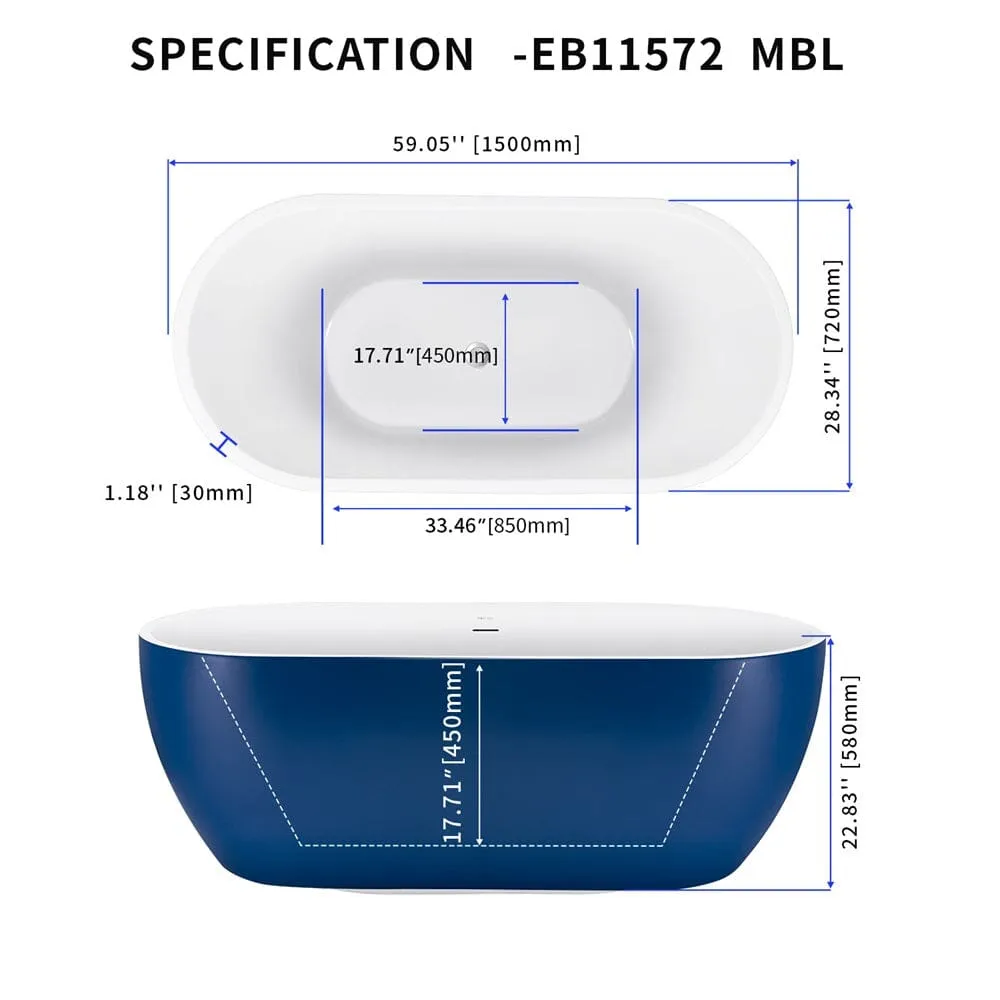 Mokleba 59" Center Drain Freestanding Soaking Bathtub