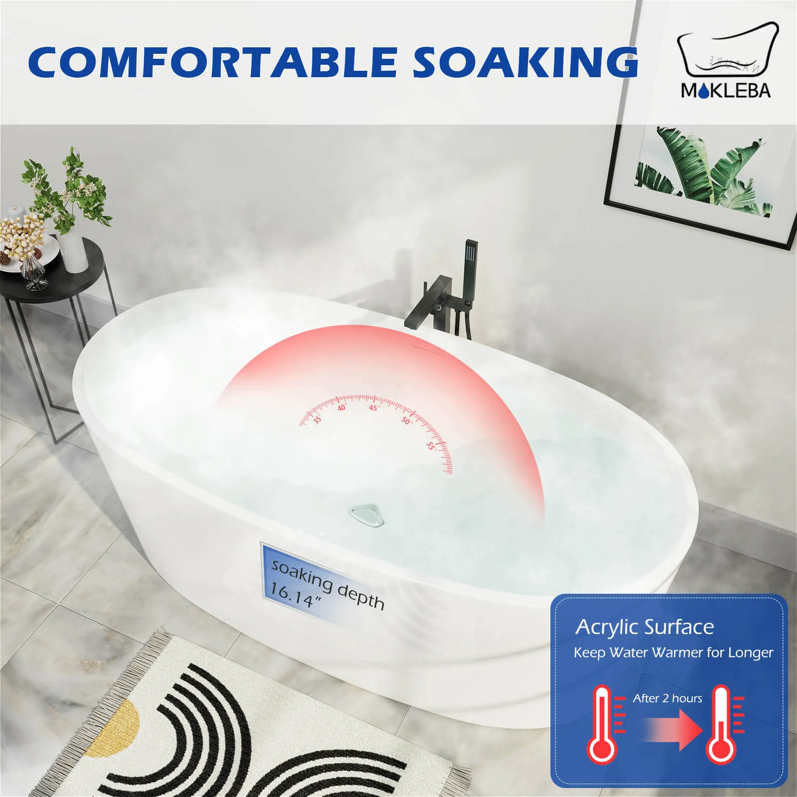 Mokleba 63" Acrylic Modern Bathtub Oval Shape Freestanding Soaking Tub