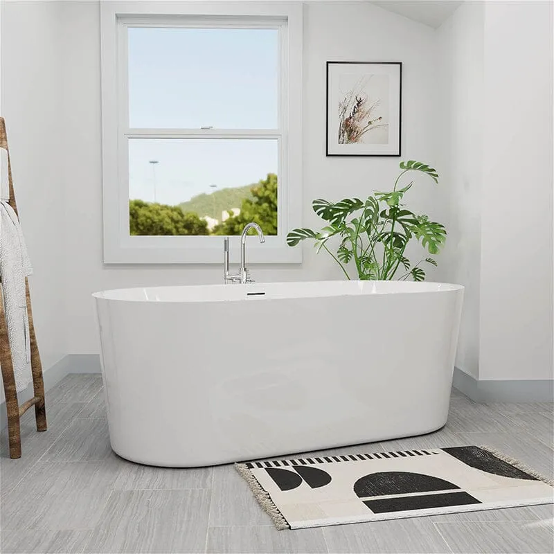 Mokleba 65" Acrylic Oval Flatbottom Freestanding Soaking Bathtub in Glossy White