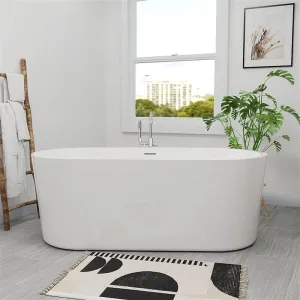 Mokleba 65" Acrylic Oval Flatbottom Freestanding Soaking Bathtub in Glossy White