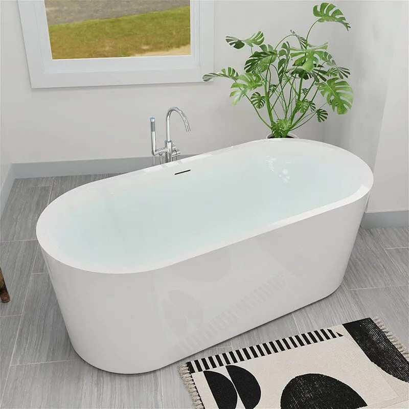 Mokleba 65" Acrylic Oval Flatbottom Freestanding Soaking Bathtub in Glossy White