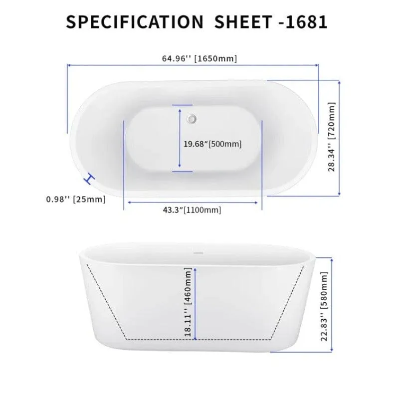 Mokleba 65" Acrylic Oval Flatbottom Freestanding Soaking Bathtub in Glossy White