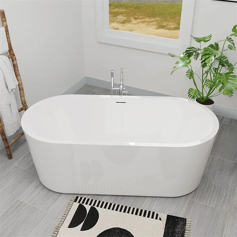 Mokleba 65" Acrylic Oval Flatbottom Freestanding Soaking Bathtub in Glossy White