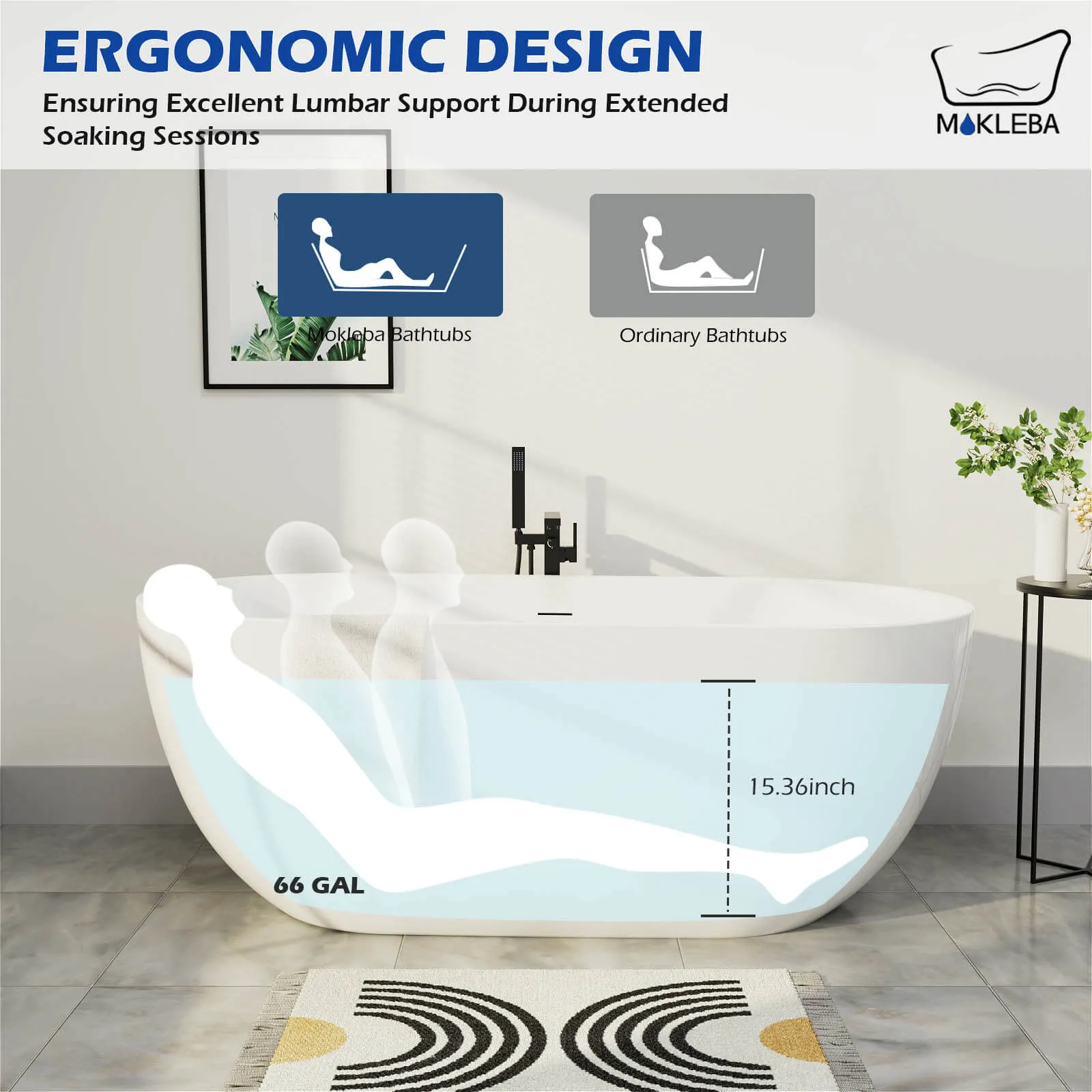 Mokleba 67" Acrylic Oval Large Space Freestanding Soaking Bathtub White