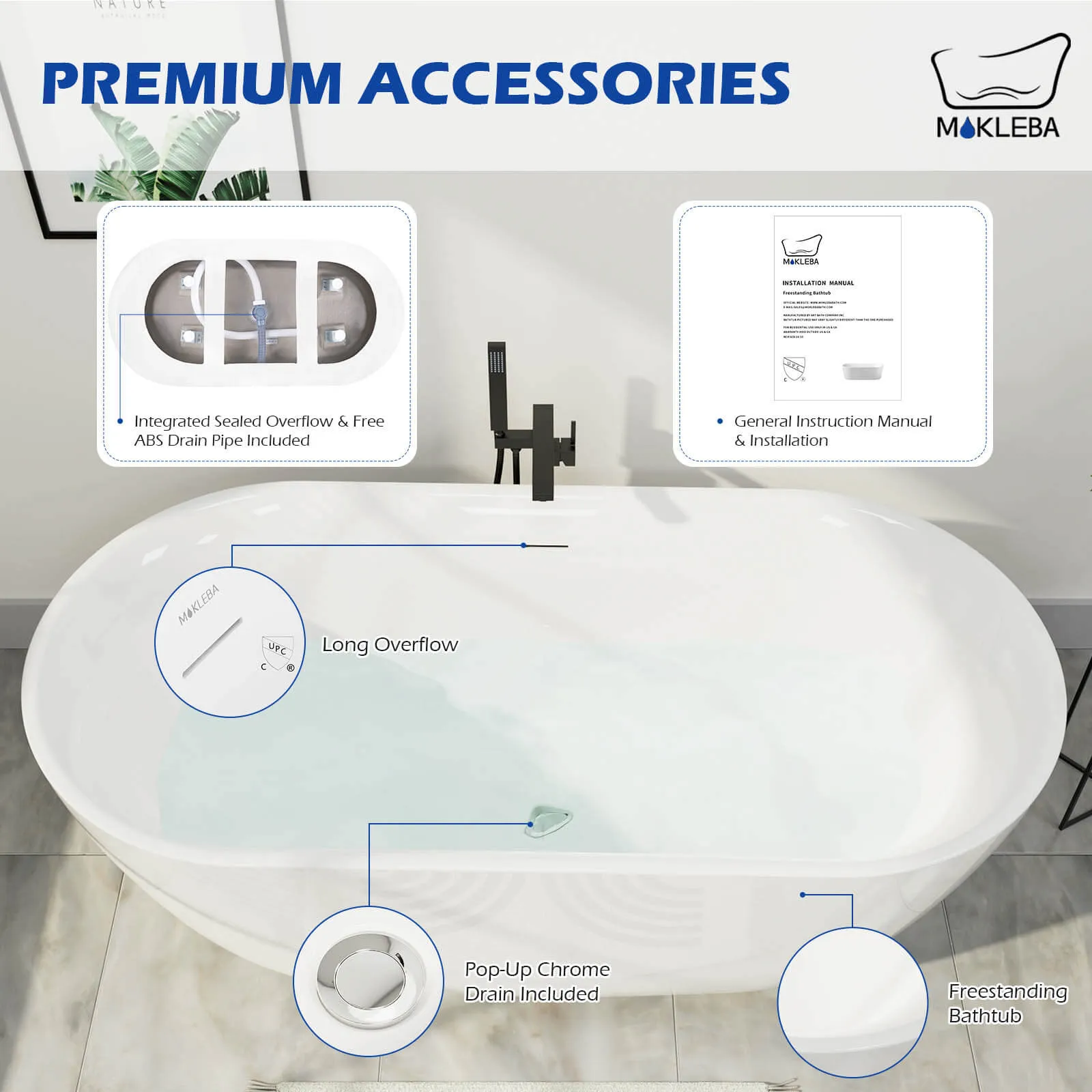 Mokleba 67" Acrylic Oval Large Space Freestanding Soaking Bathtub White