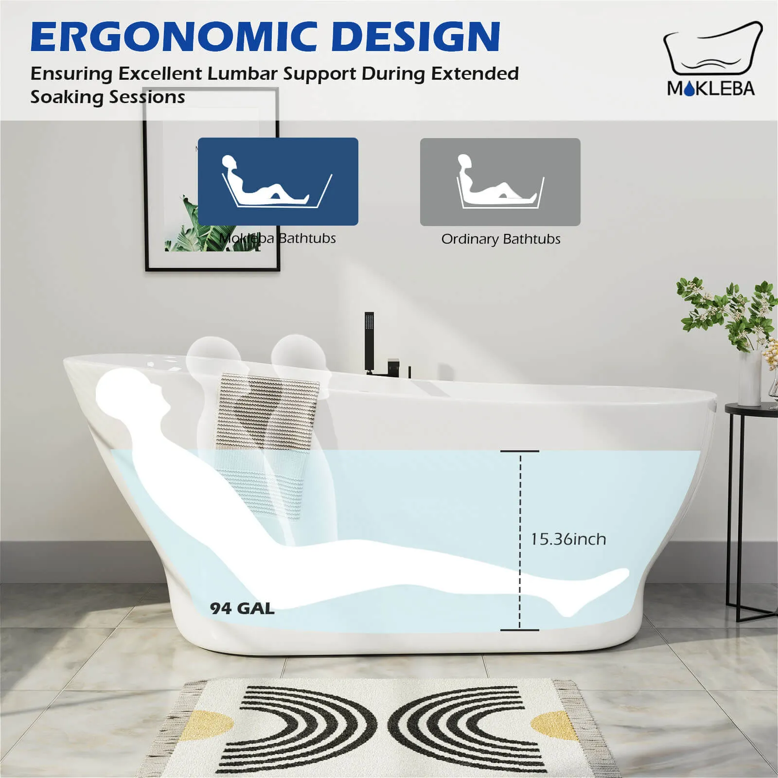 Mokleba 67" Acrylic Single Slipper Tub Curve Shape Freestanding Bathtub