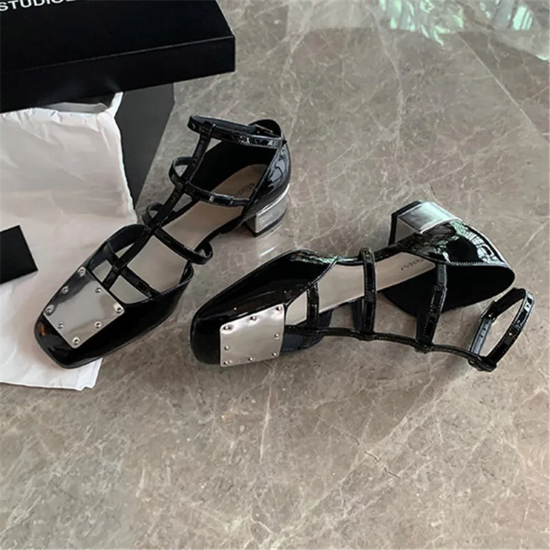 New Metal Square Toe Women Sandals Chunky Heel T-straps Gladiator Sandal Prom Dress Shoes Woman Hollow Out Mary Janes