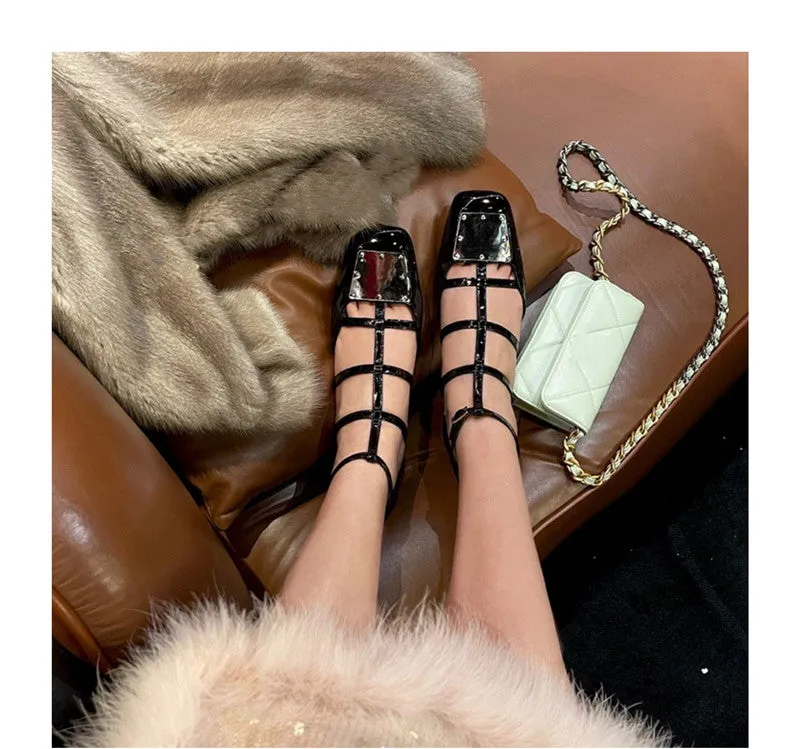 New Metal Square Toe Women Sandals Chunky Heel T-straps Gladiator Sandal Prom Dress Shoes Woman Hollow Out Mary Janes