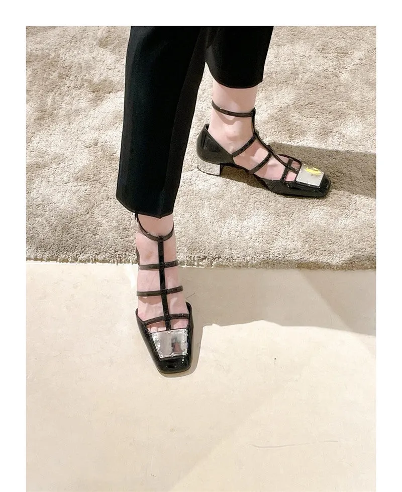 New Metal Square Toe Women Sandals Chunky Heel T-straps Gladiator Sandal Prom Dress Shoes Woman Hollow Out Mary Janes