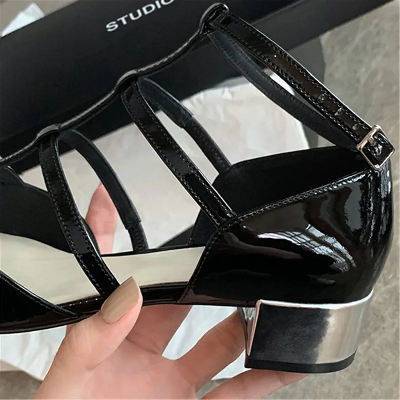 New Metal Square Toe Women Sandals Chunky Heel T-straps Gladiator Sandal Prom Dress Shoes Woman Hollow Out Mary Janes