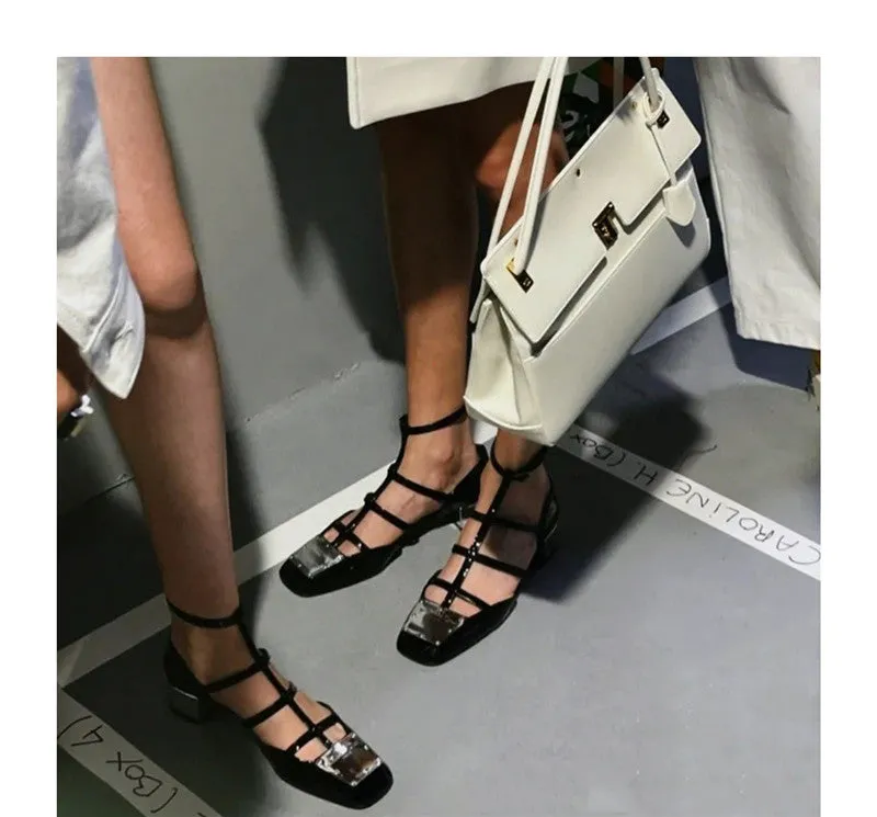 New Metal Square Toe Women Sandals Chunky Heel T-straps Gladiator Sandal Prom Dress Shoes Woman Hollow Out Mary Janes