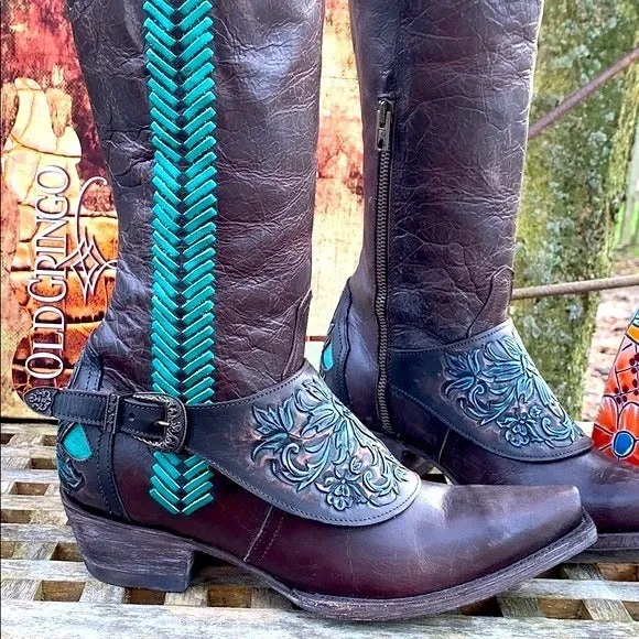 OLD GRINGO Aster Tooling 18” Tooled Brown Leather Tall Knee High Cowgirl Western Boots