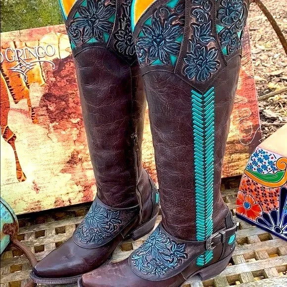 OLD GRINGO Aster Tooling 18” Tooled Brown Leather Tall Knee High Cowgirl Western Boots