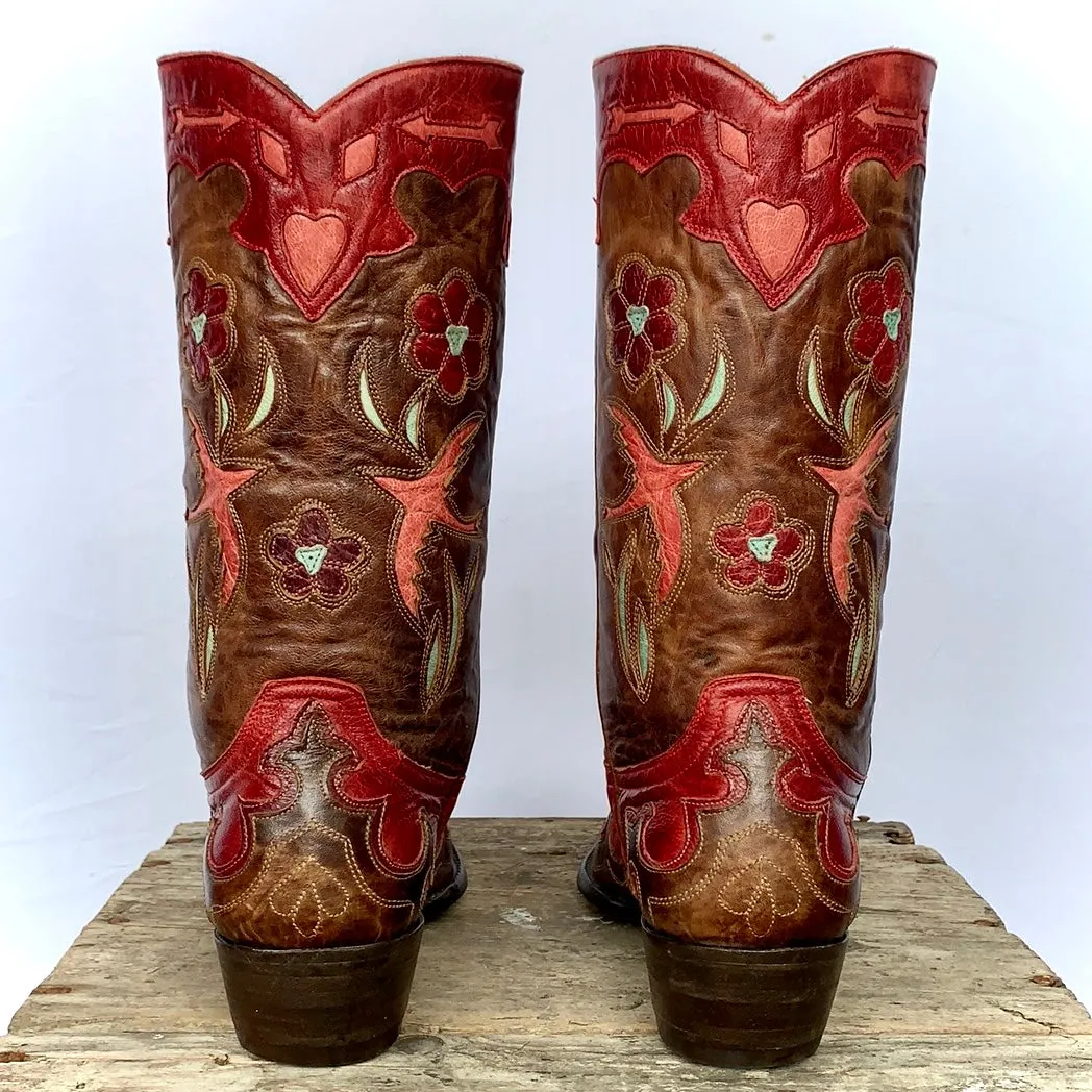 OLD GRINGO Golondrina Bird Floral Red Brown Leather Cowgirl Cowboy Western Boots