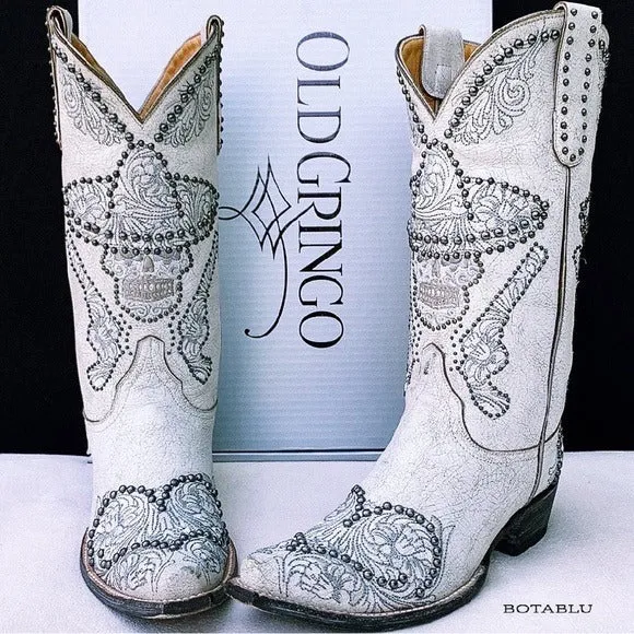 OLD GRINGO L&L White Skull Studded Sombrero Pistol Gun Cowgirl Western Boots