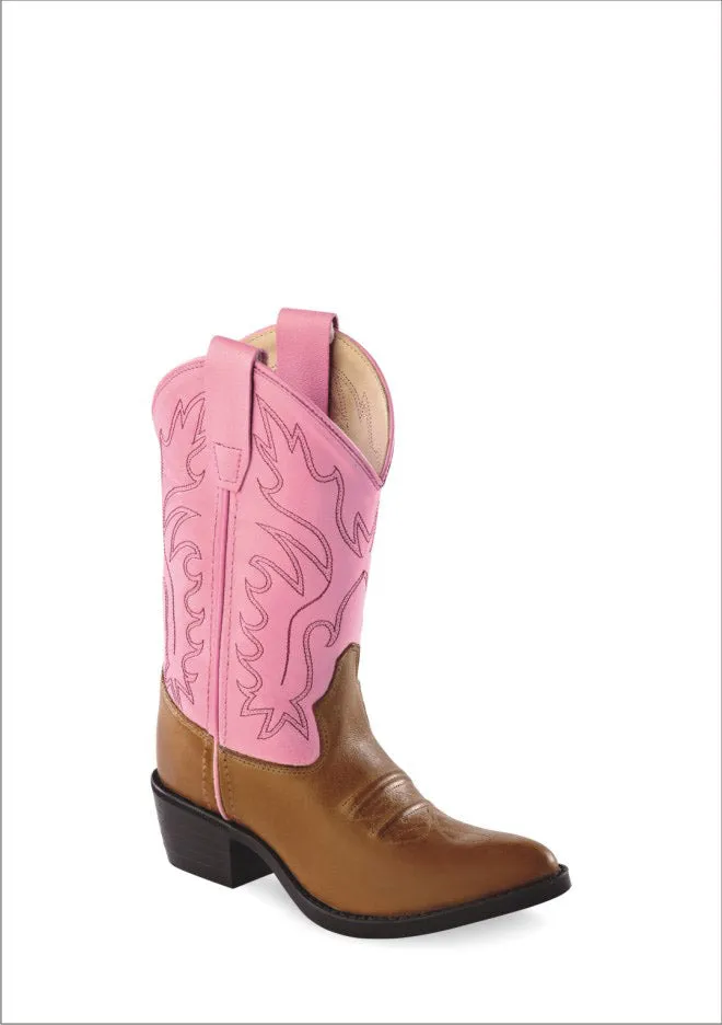 Old West Children's Tan Canyon and Pink Narrow J Toe Boot