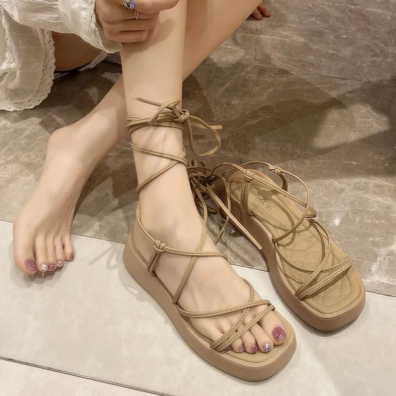 Open Toe Women Sandals Summer Fashion Narrow Band Dress Shoes Platform Wedges Heel Ladies Ankle Strap Gladiator Shoes