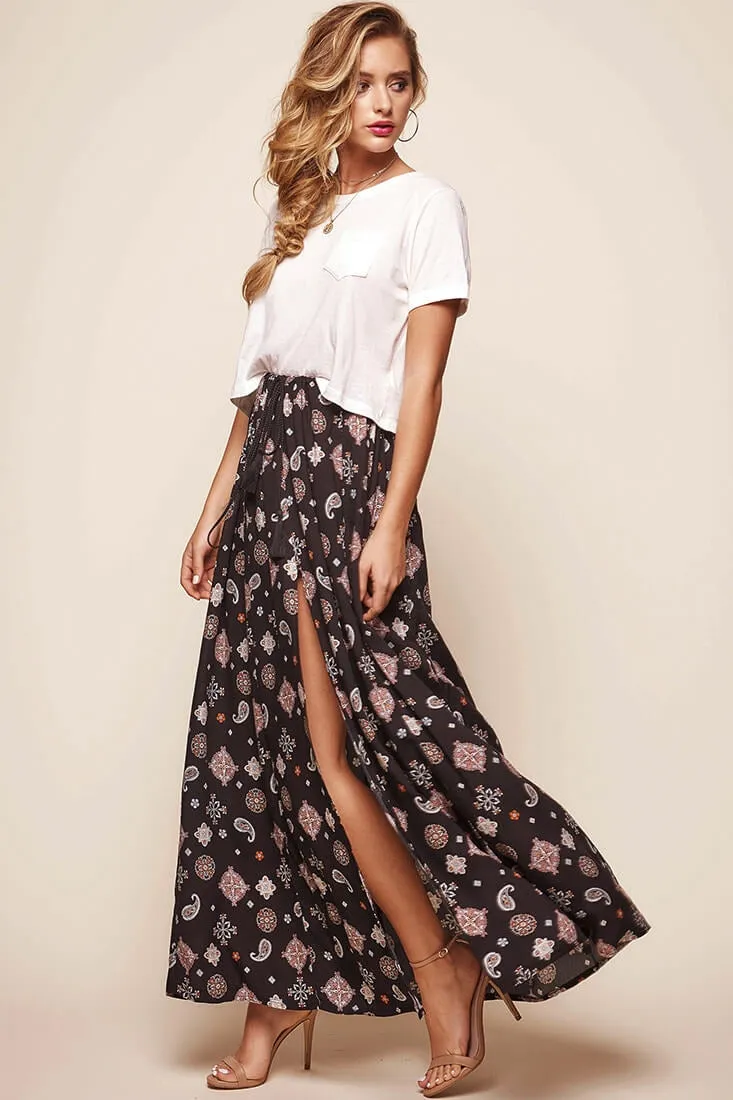 Paisley Split Maxi Skirt Black