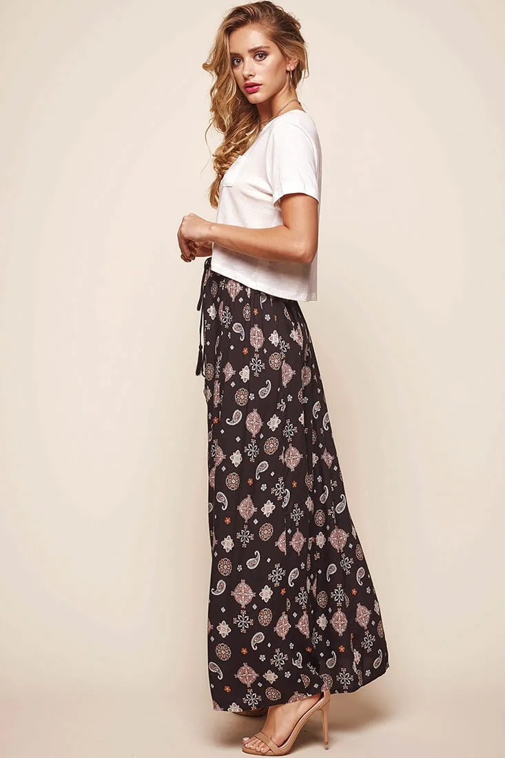 Paisley Split Maxi Skirt Black