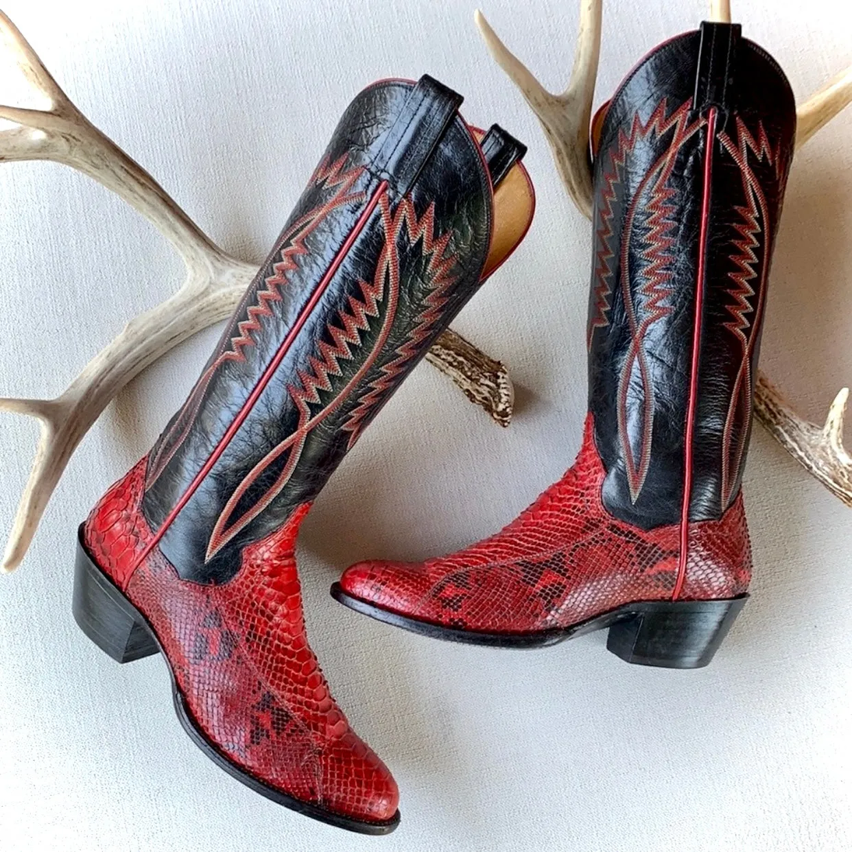 PANHANDLE SLIM Vintage Red Snakeskin Python Black Leather Cowboy Western Boots