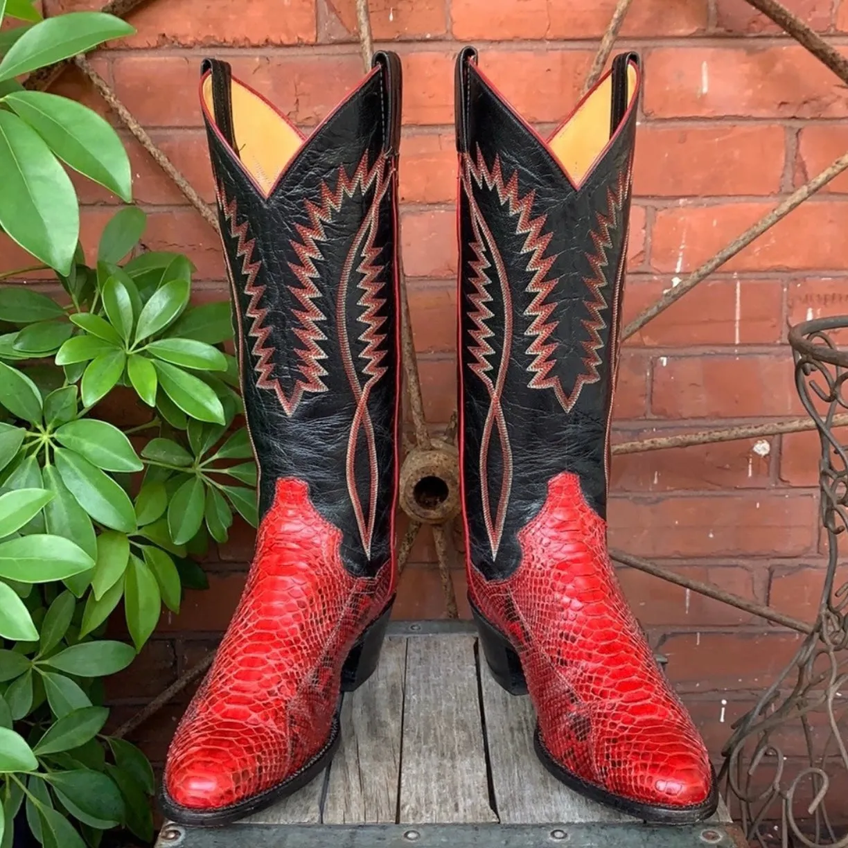 PANHANDLE SLIM Vintage Red Snakeskin Python Black Leather Cowboy Western Boots