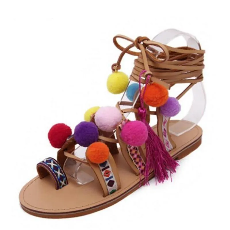 Pom-Pom Lace-Up Gladiator Sandals