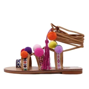 Pom-Pom Lace-Up Gladiator Sandals