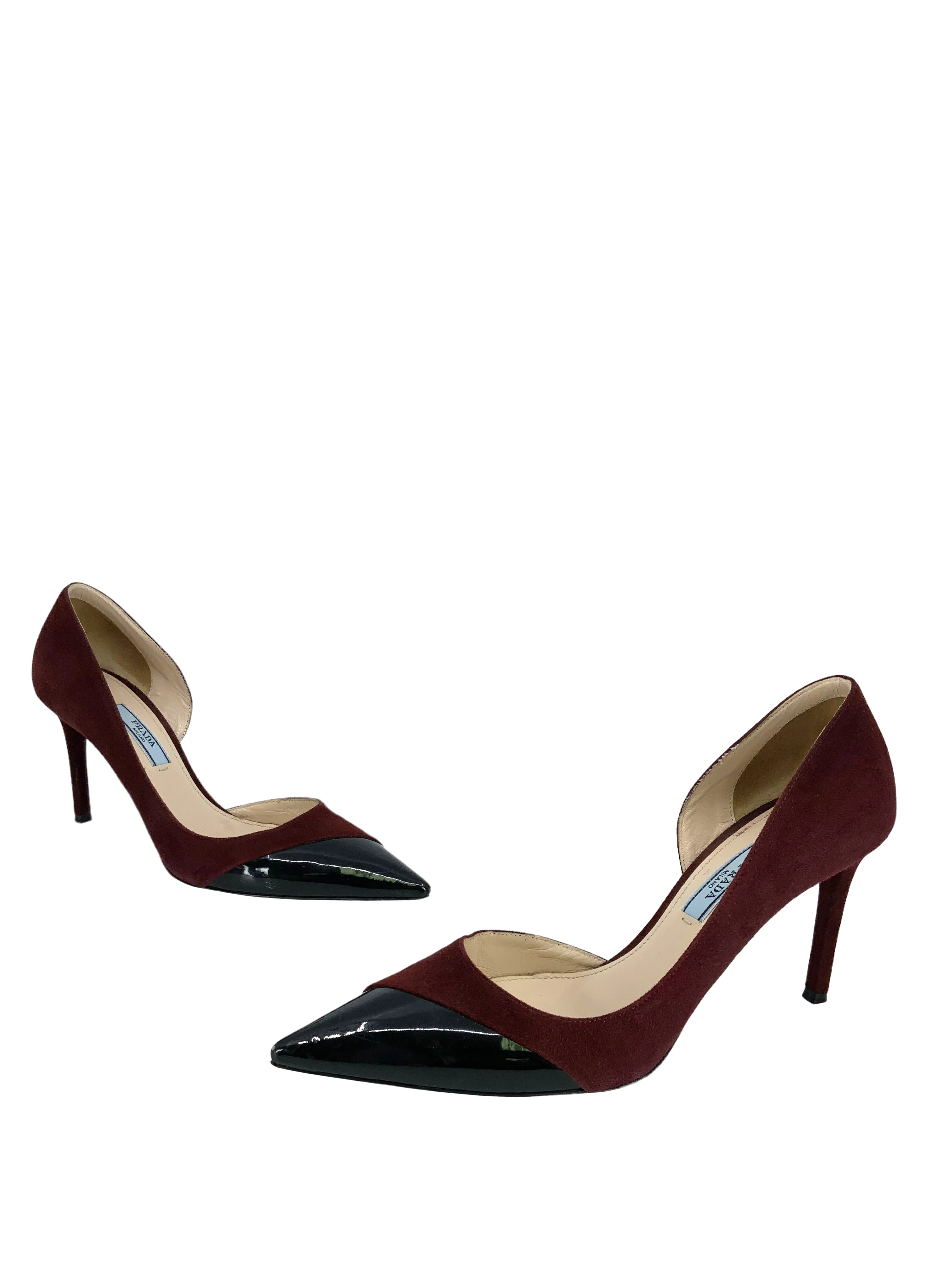 Prada Suede and Patent Leather Half d'Orsay Pumps Size 6.5