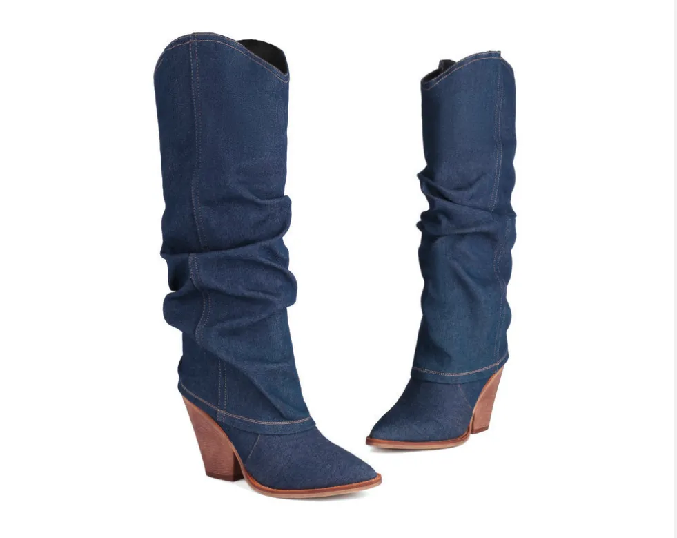 Pre Order: Retro Cowboy Pointed Toe Chunky Heel High Boots