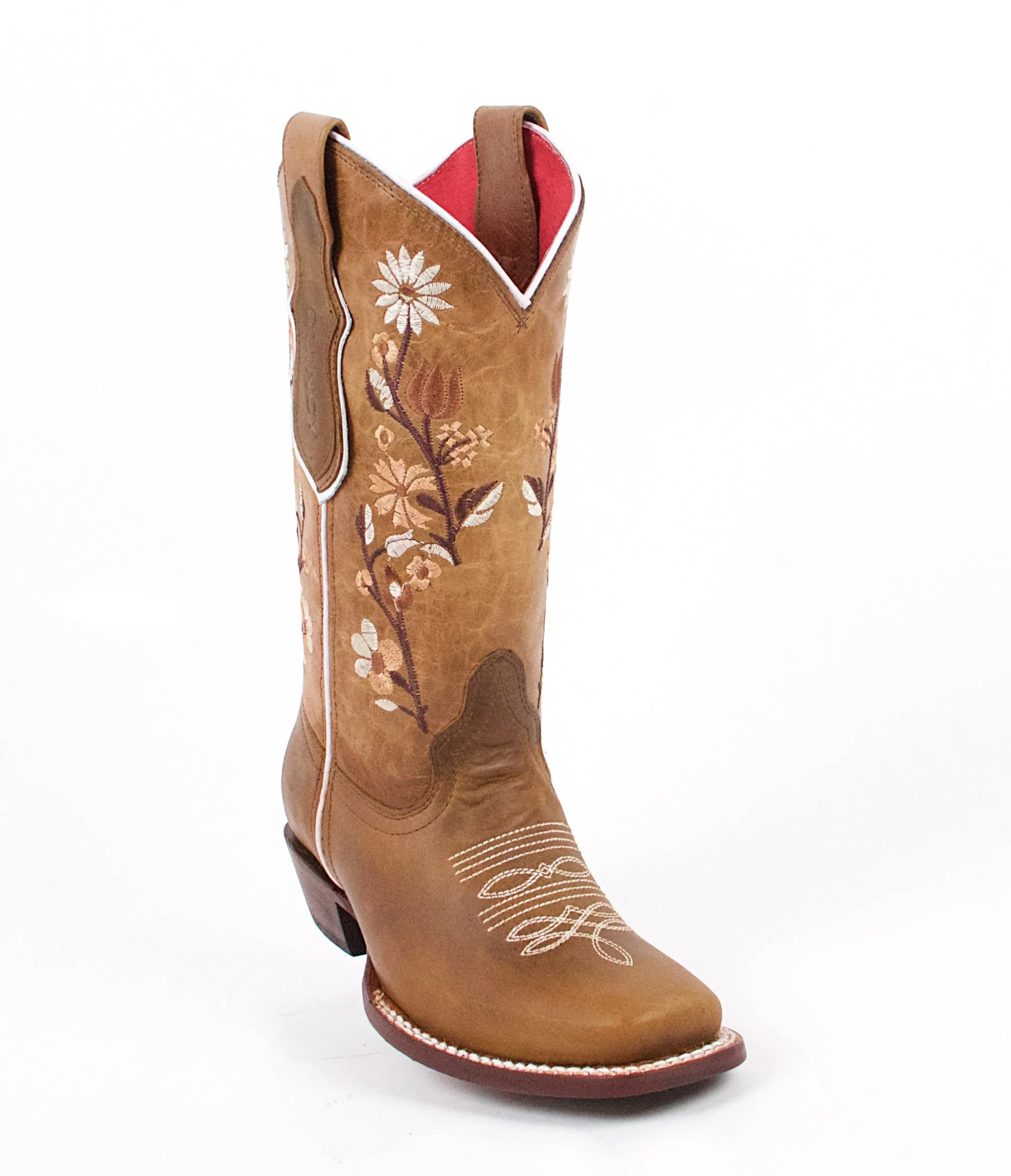 Quincy Boots Womens Volcano Leather Floral Shaft Honey Round Toe Western Boot