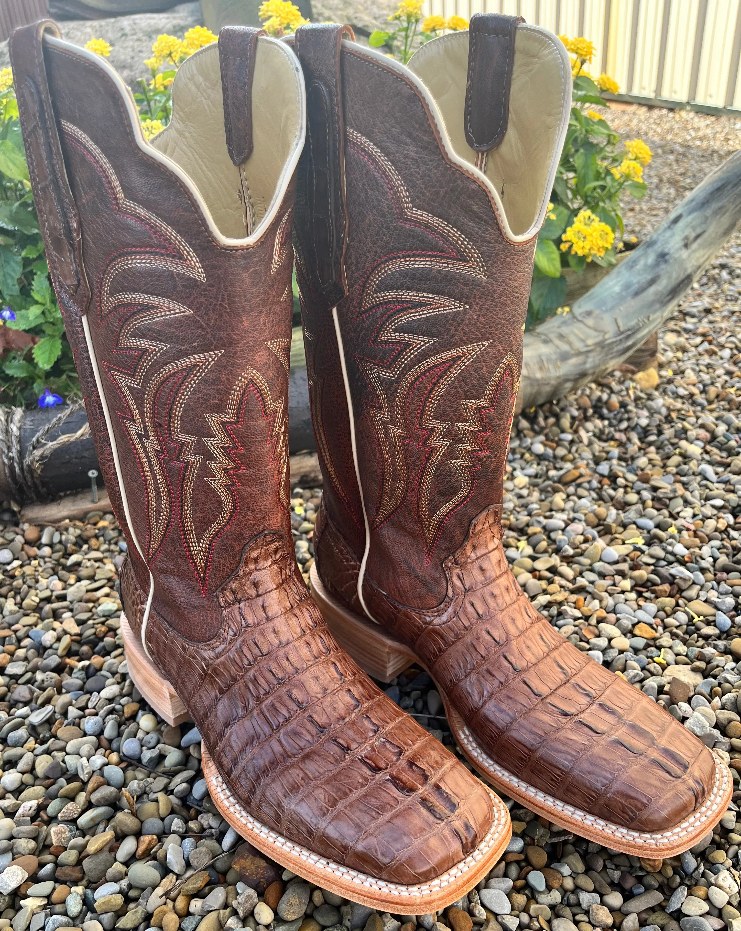 R. Watson Men's Caiman Tail Wide Square Toe Cowboy Boots RW3011-2