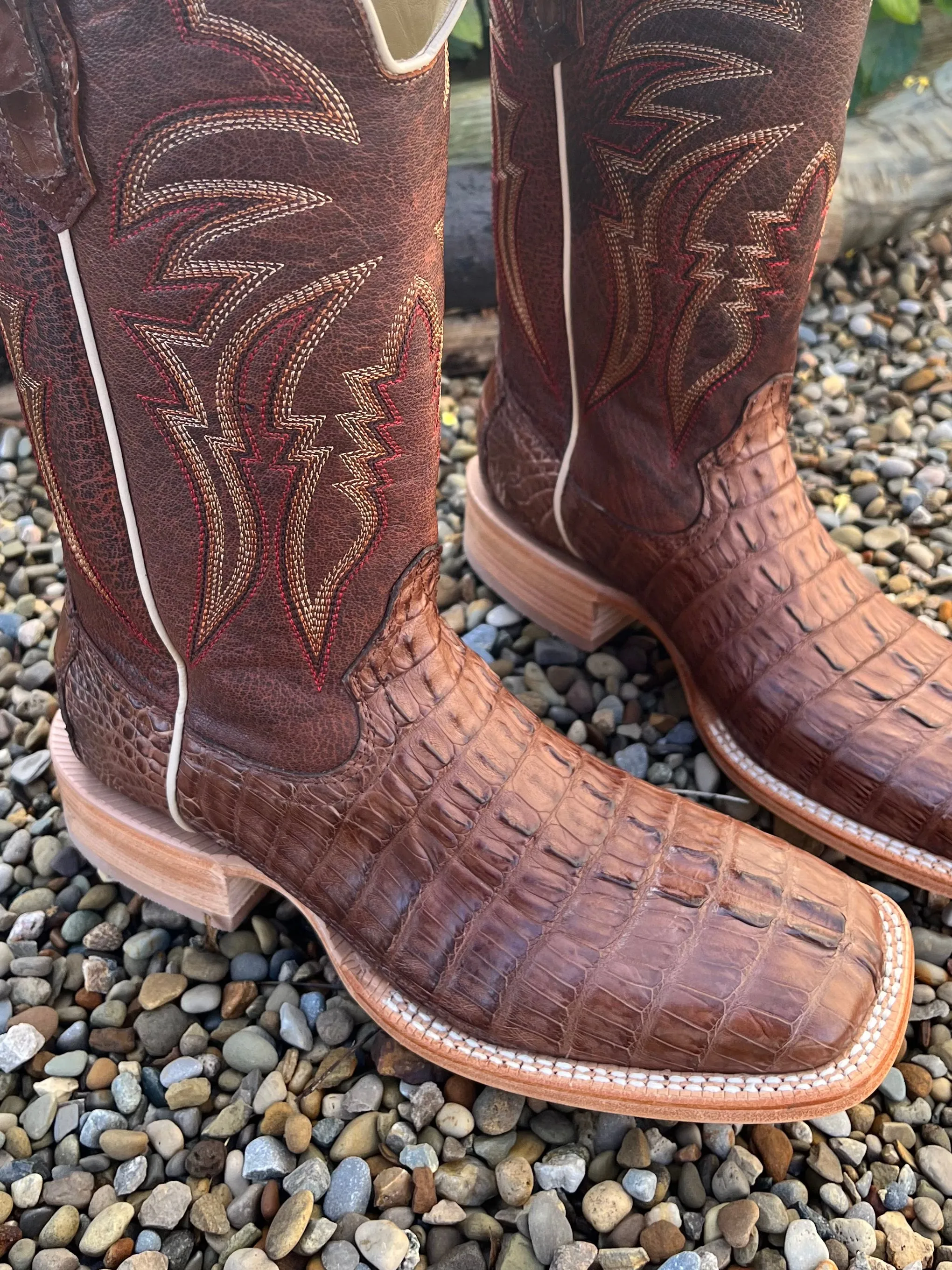 R. Watson Men's Caiman Tail Wide Square Toe Cowboy Boots RW3011-2