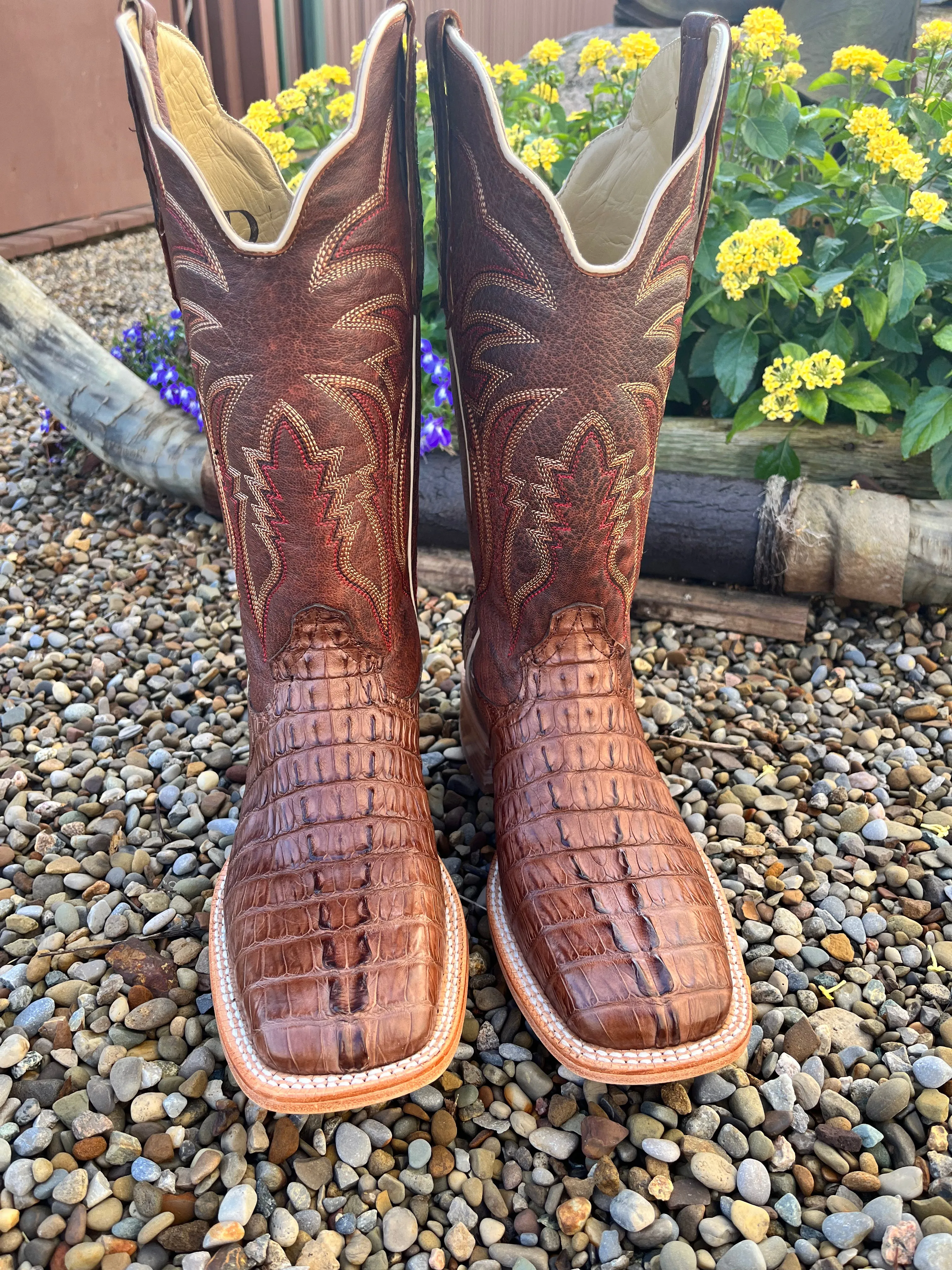 R. Watson Men's Caiman Tail Wide Square Toe Cowboy Boots RW3011-2