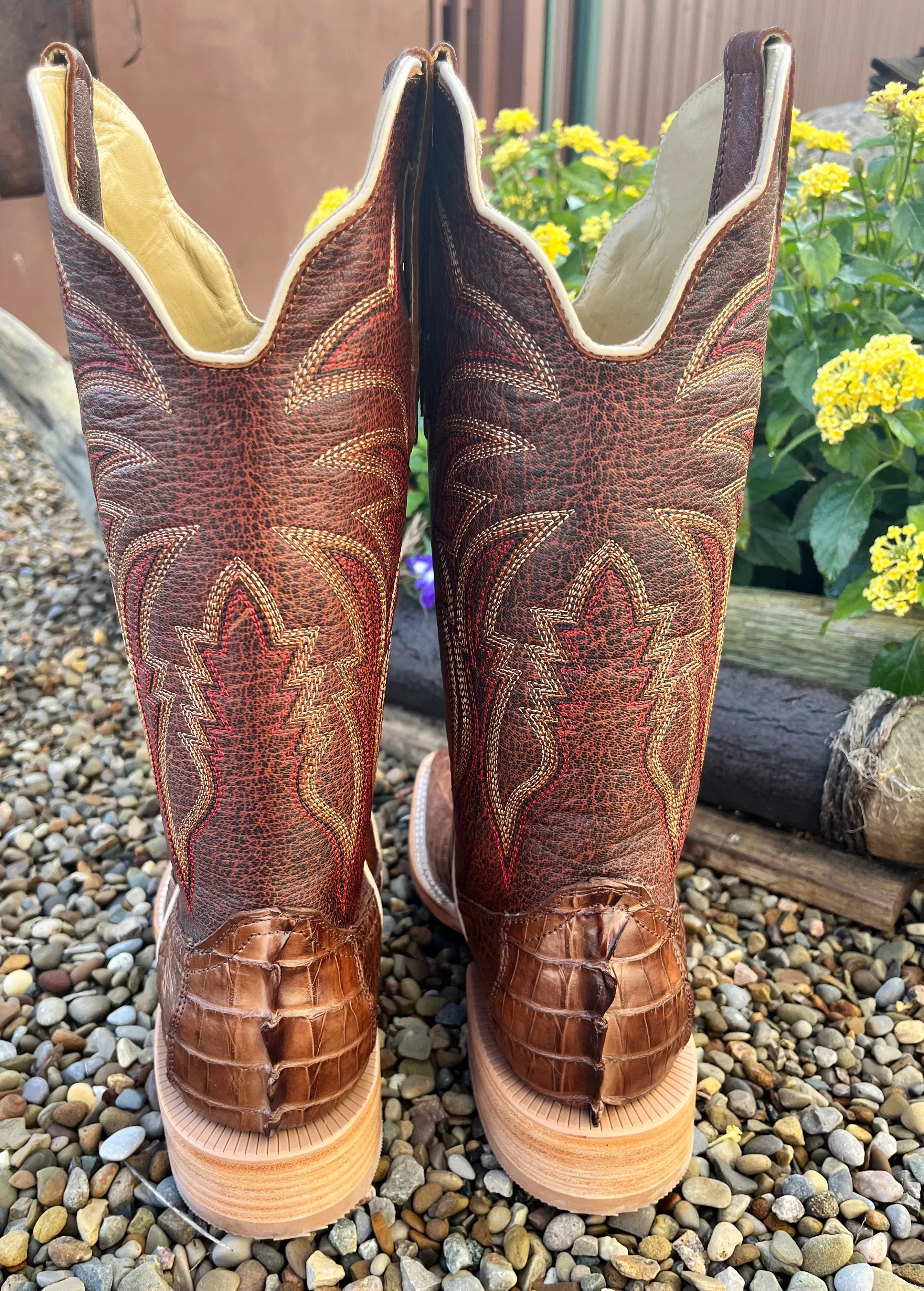 R. Watson Men's Caiman Tail Wide Square Toe Cowboy Boots RW3011-2