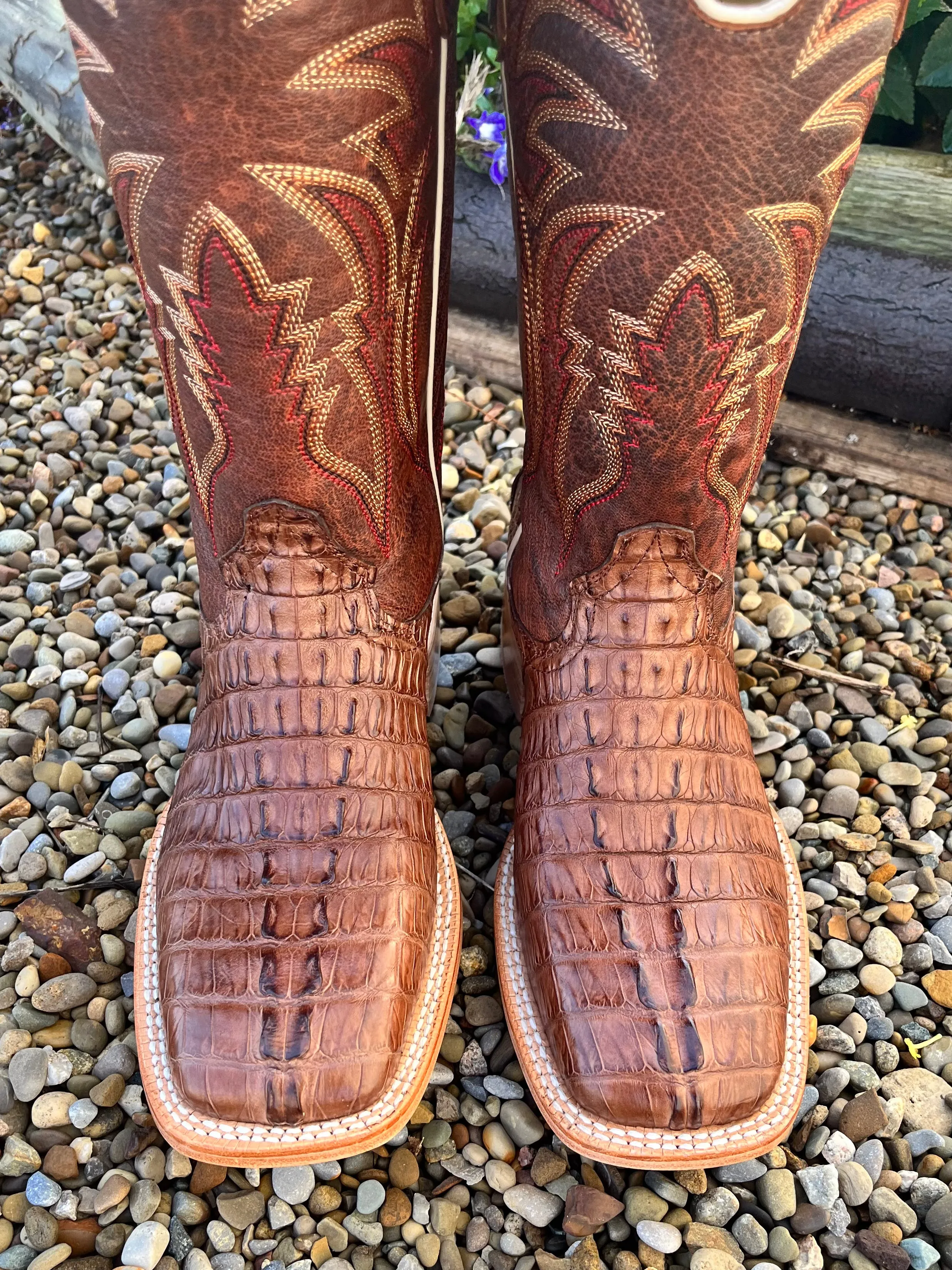 R. Watson Men's Caiman Tail Wide Square Toe Cowboy Boots RW3011-2