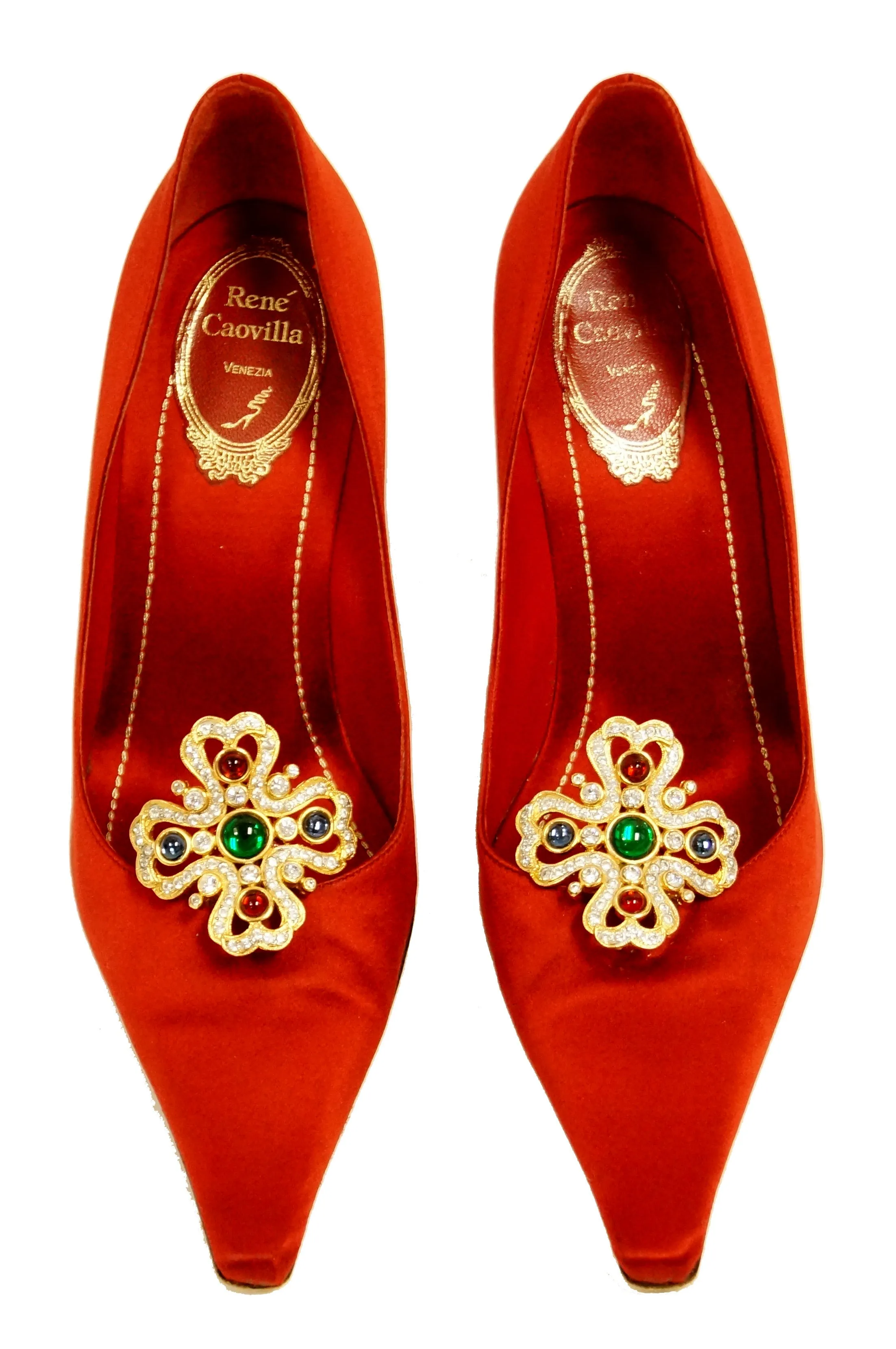 Rene Caovilla Red Satin Pointed Heels with Gold and Rhinestone Accent