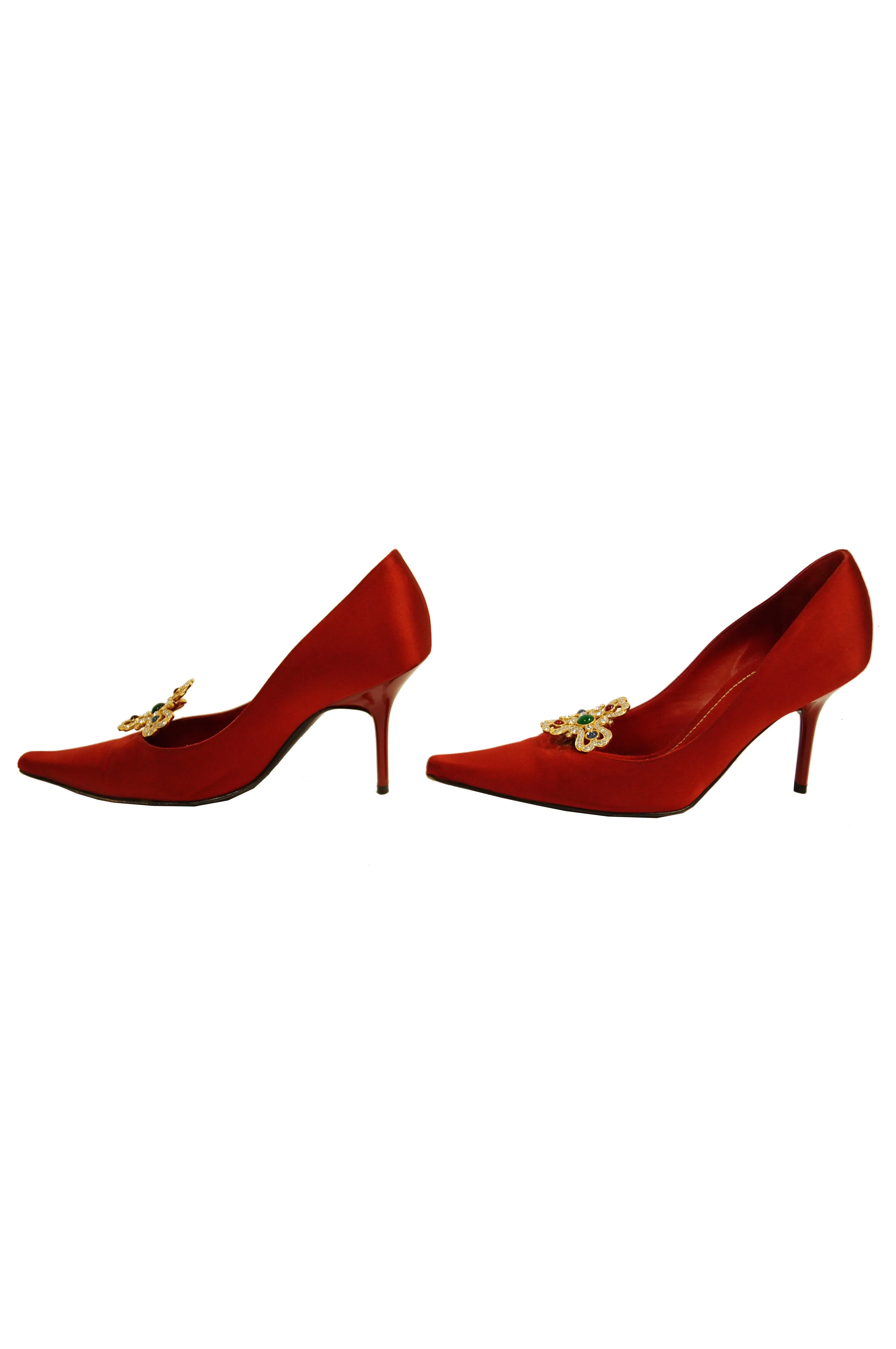 Rene Caovilla Red Satin Pointed Heels with Gold and Rhinestone Accent